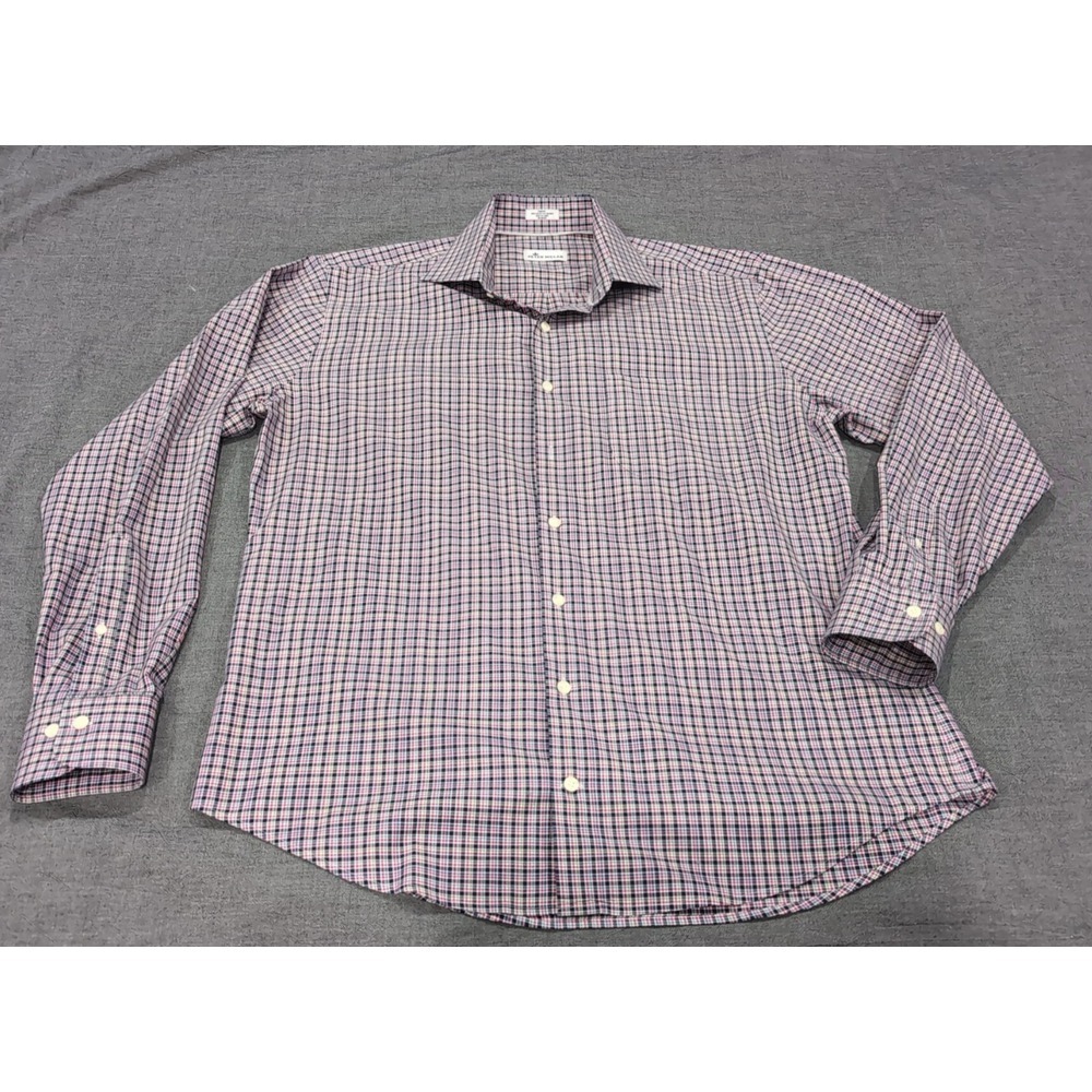 Peter Millar Shirt Mens Lrg Red Blue & Green Plaid Stretch Button Up Long Sleeve